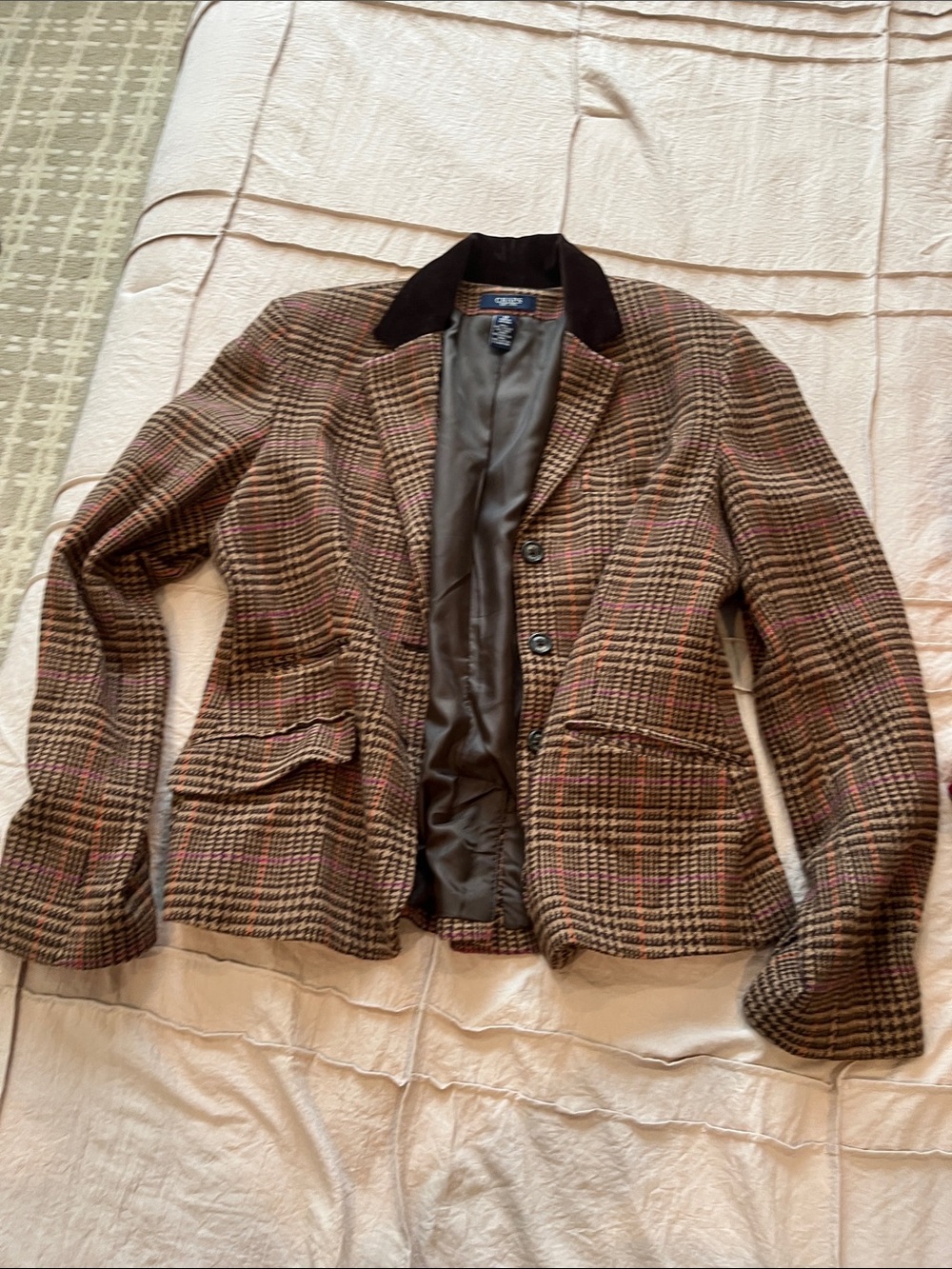 Chaps Plaid Blazer with Dark Velvet Collar — Brown, Pink Accents